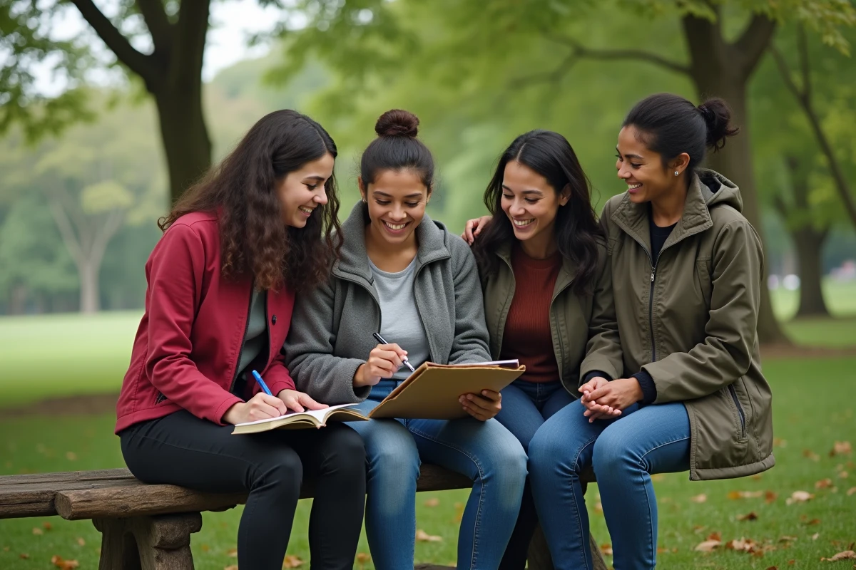 Équipe de travailleurs sociaux participant à une activité de team building dans un parc en plein air