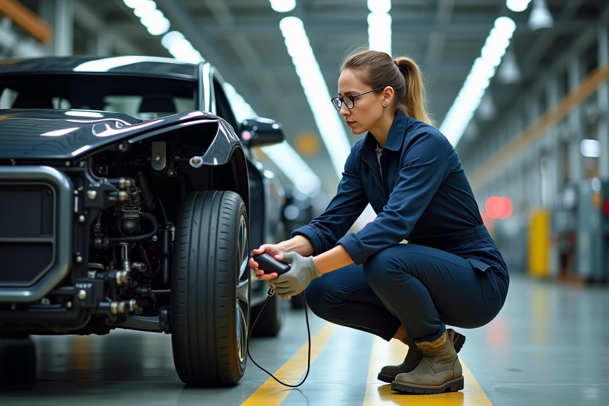 Technicienne automobile diagnostiquant un châssis de véhicule électrique dans une usine de fabrication automobile moderne