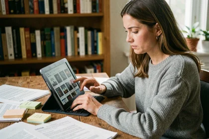 Femme lisant un ebook sur une tablette numérique entourée de documents imprimés, illustrant la question de la légalité des téléchargements gratuits d'ebooks