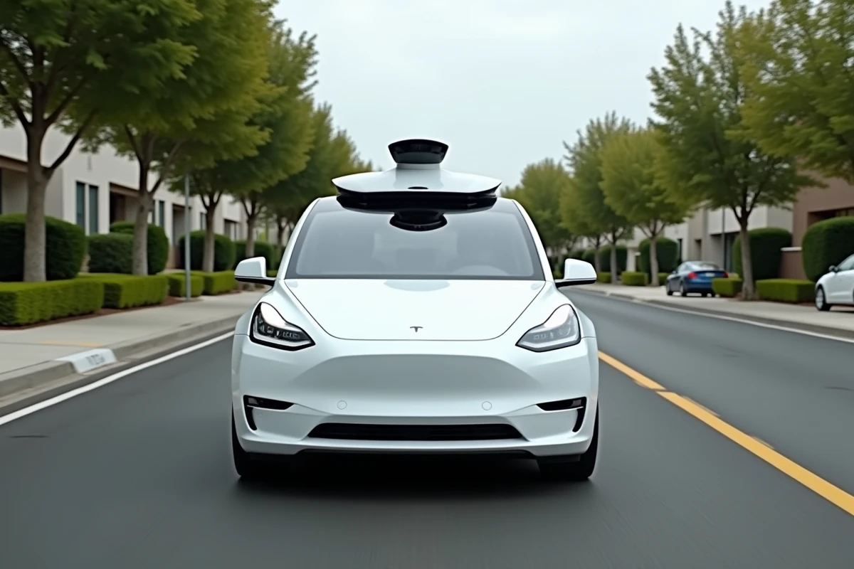 Tesla Model Y blanche roulant en conduite autonome sur une route suburbaine sans intervention du conducteur