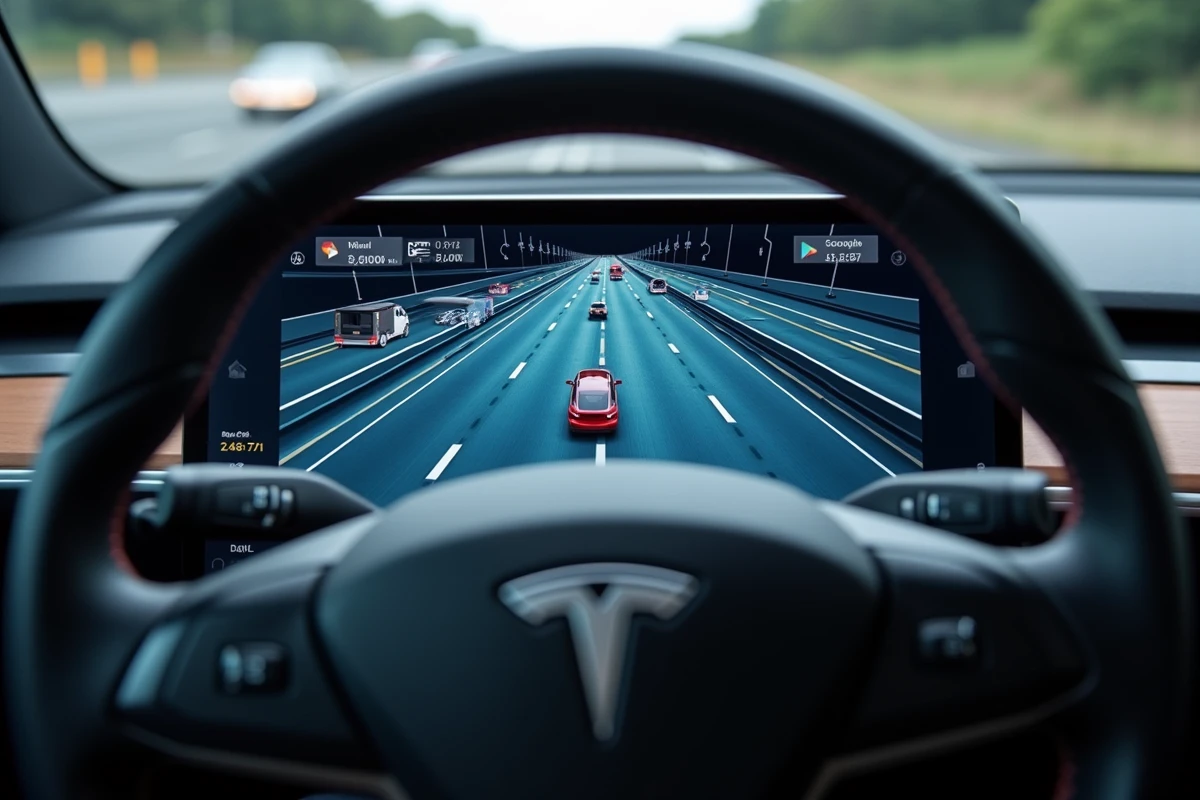 Écran tactile Tesla affichant l'interface Full Self-Driving avec visualisation 3D des voies et des véhicules environnants
