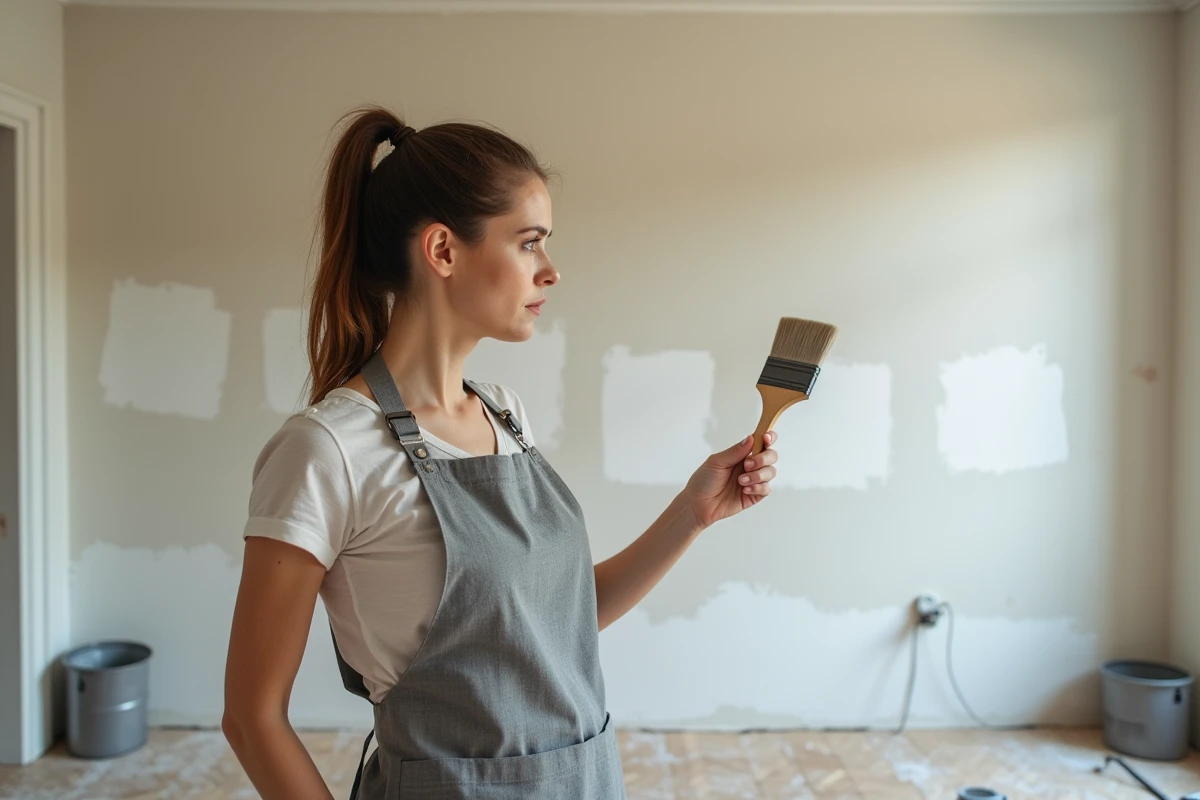 Femme appliquant des échantillons de peinture sur un mur dans un appartement en rénovation