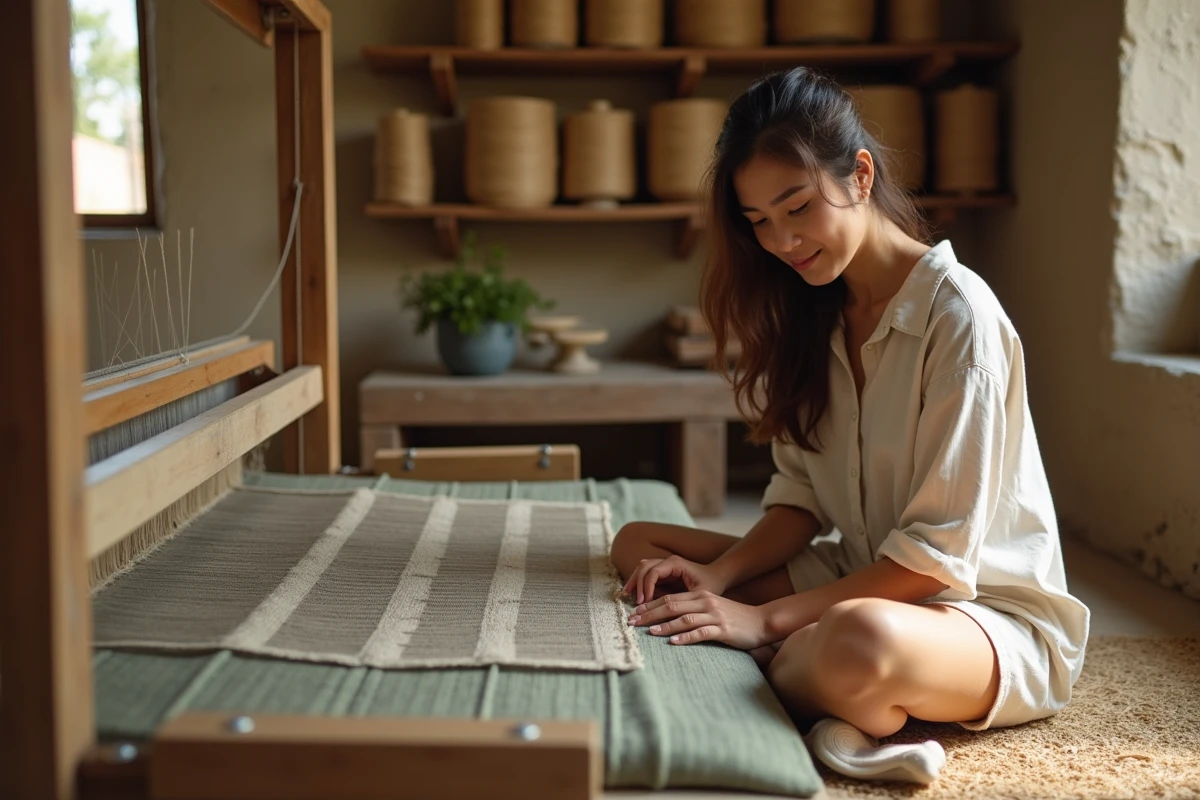 Jeune femme tissant un textile traditionnel sur un métier à tisser en bois dans un atelier artisanal