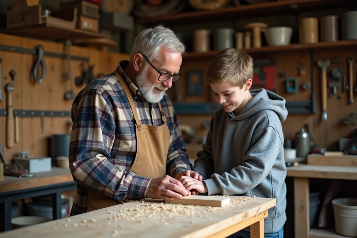 Grand-père et adolescent travaillant ensemble dans un atelier de menuiserie, transmission de savoir-faire intergénérationnel