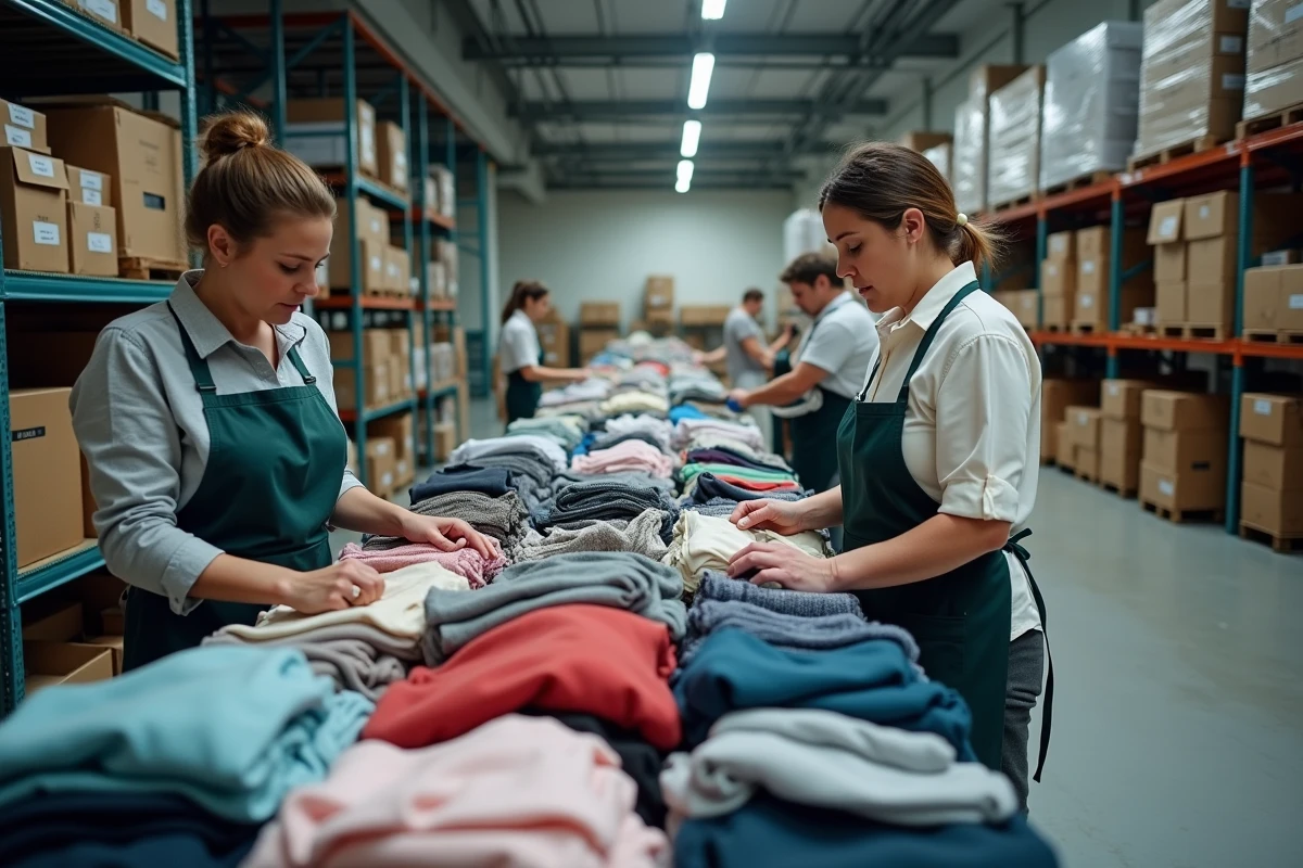 Deux femmes triant des vêtements donnés dans un entrepôt de recyclage textile, représentant l'économie circulaire et l'impact environnemental de la mode d'occasion