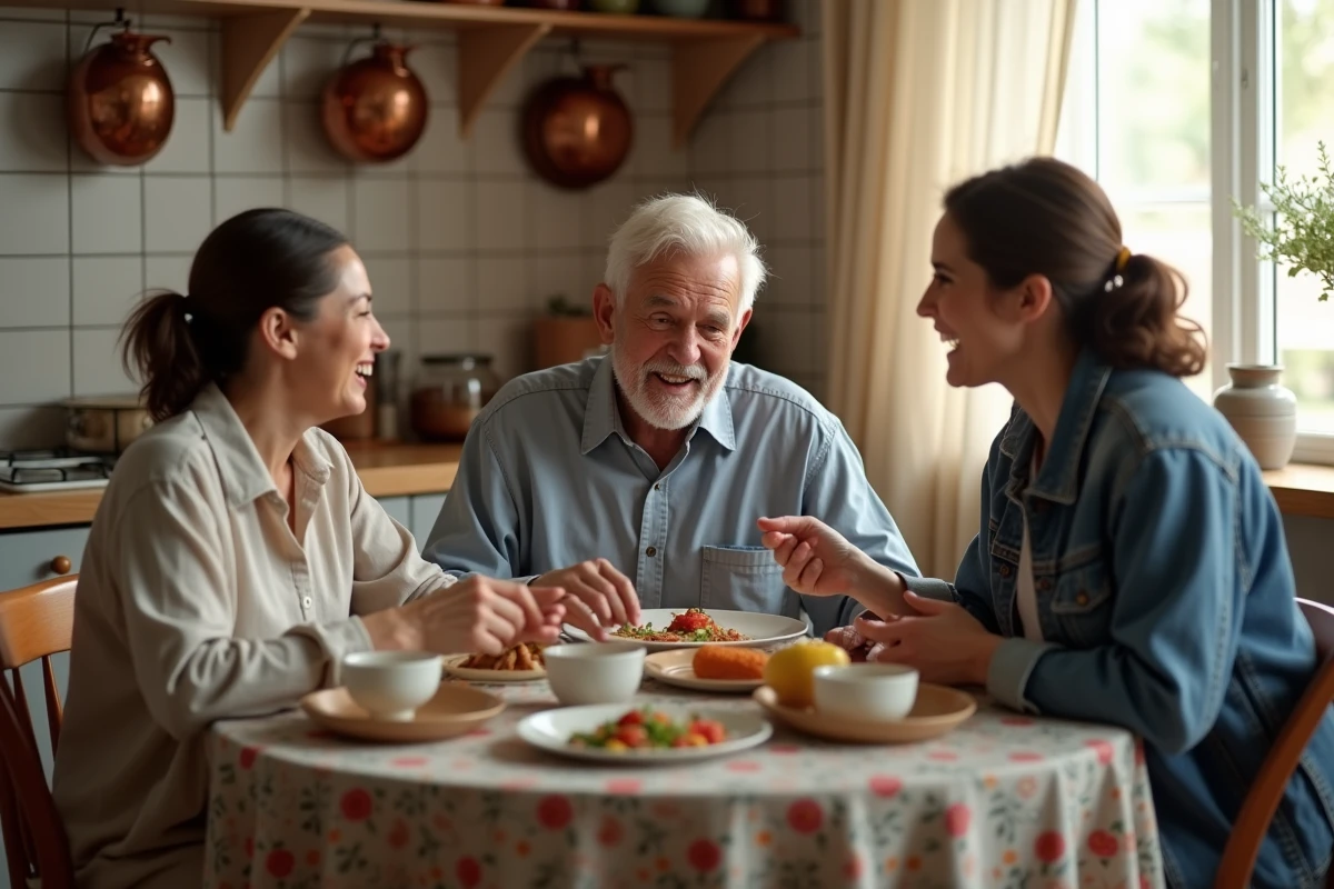 Trois générations d'une famille réunies autour d'un repas dans une cuisine, dialogue et lien intergénérationnel