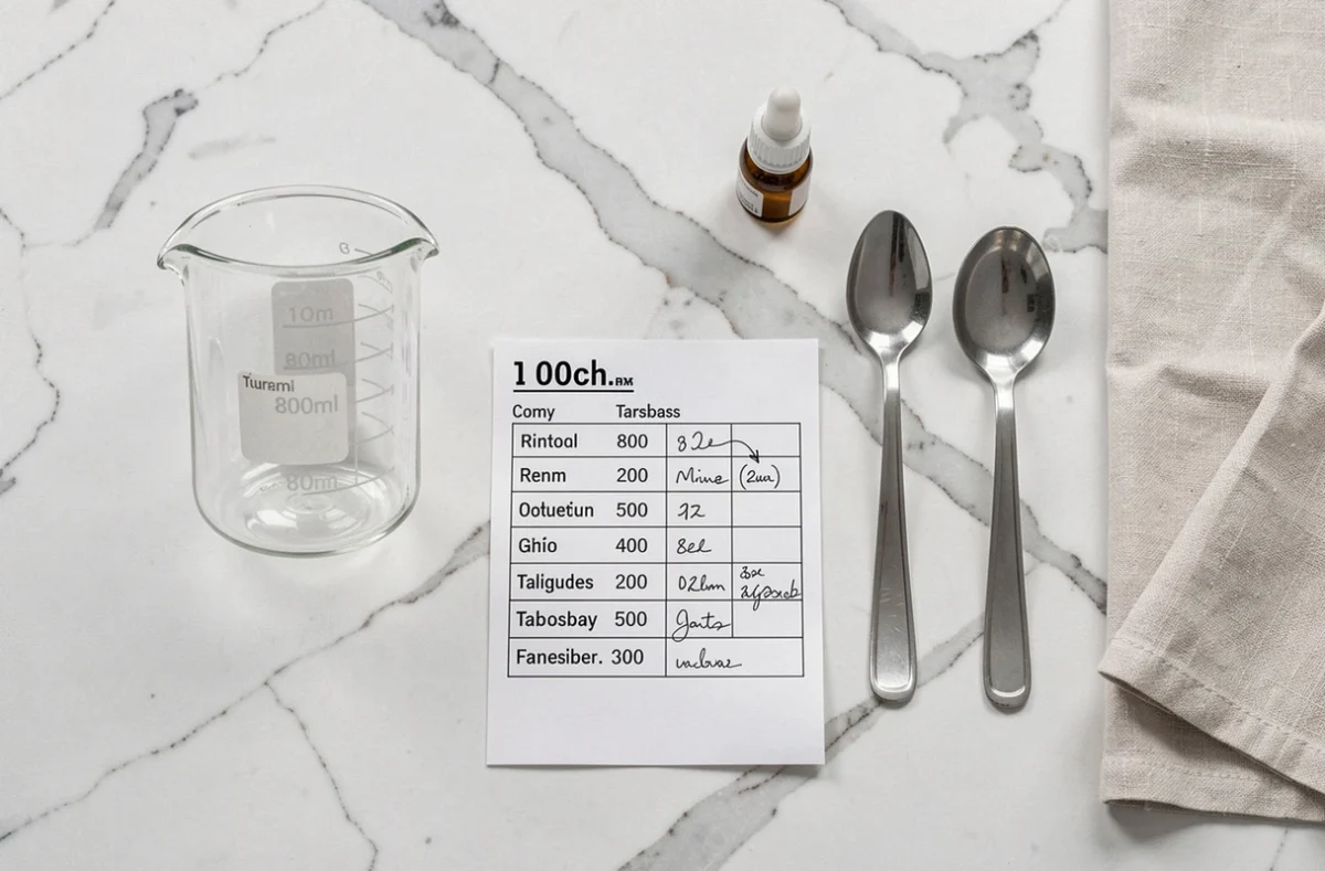 Ustensiles de mesure et tableau de conversion posés sur marbre avec un bécher gradué à 80 ml pour illustrer la conversion en litres