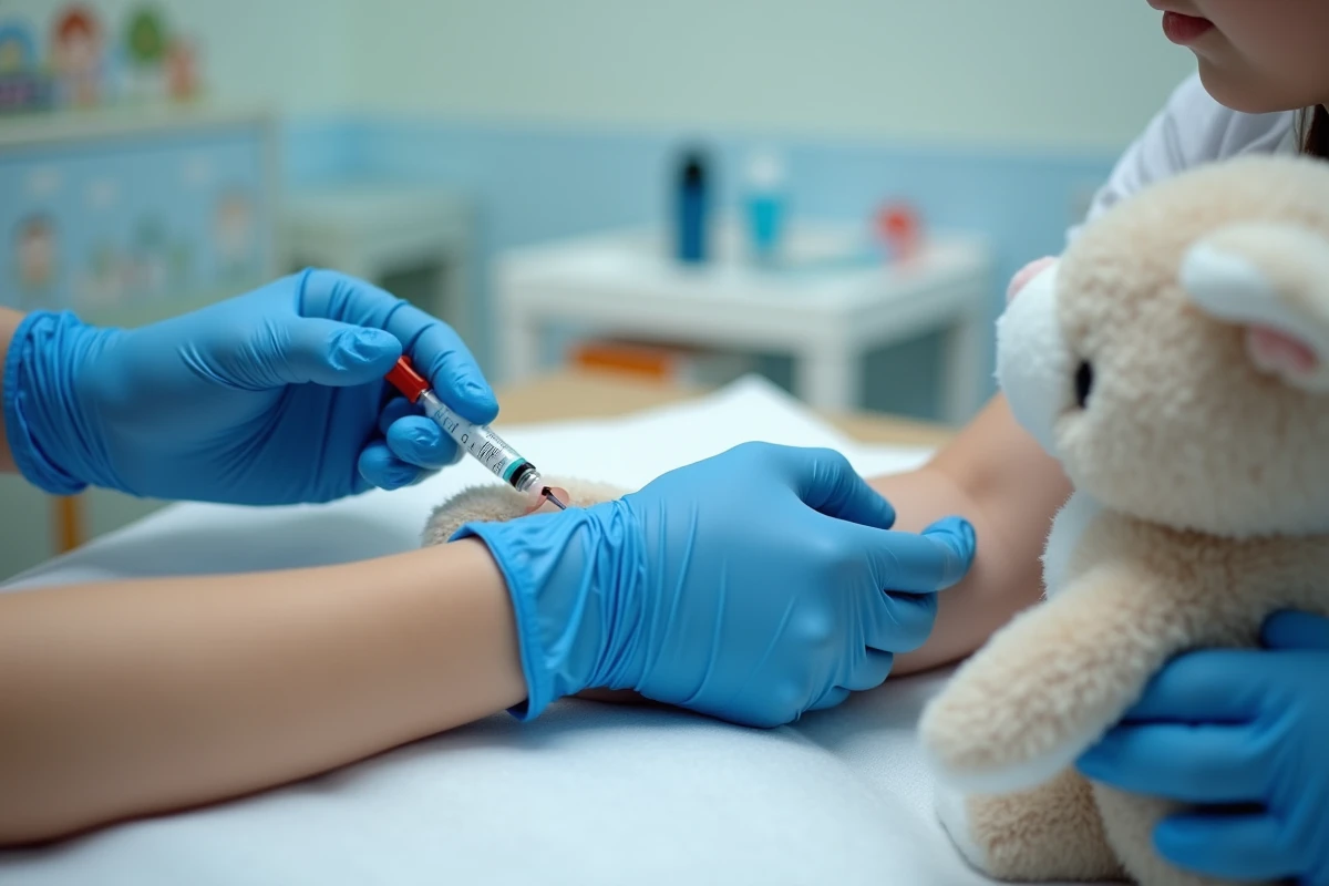 Gros plan d'un enfant recevant un vaccin en cabinet médical, illustrant la stimulation du système immunitaire immature