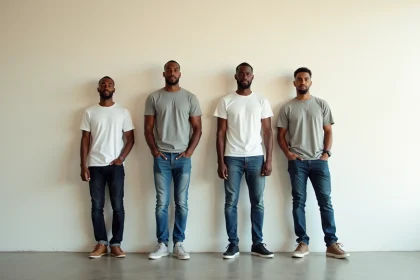 Quatre hommes adultes de tailles différentes debout côte à côte illustrant les variations de taille moyenne par pays