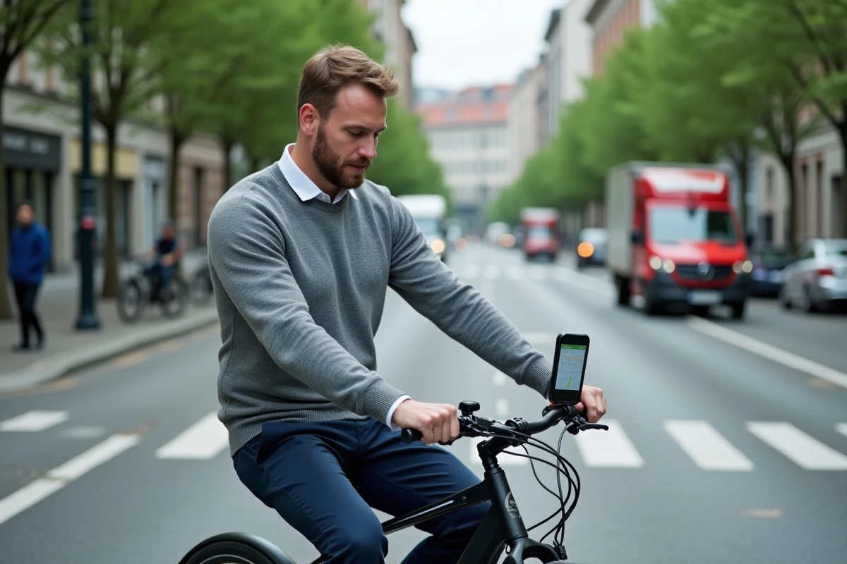 Homme à vélo cargo électrique sur une piste cyclable dédiée en ville, nouveau mode de déplacement urbain durable en 2026