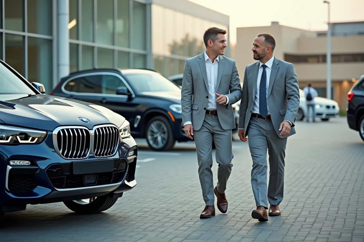 Vendeur BMW accompagnant un client dans l'espace extérieur de présentation des véhicules d'une concession