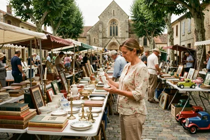 Vide-greniers animé sur une place de village dans l'Yonne avec des objets vintage et des visiteurs curieux