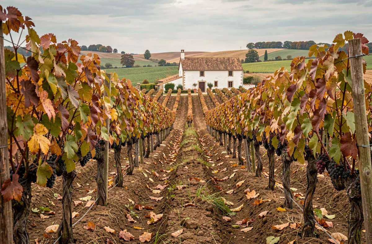 Vignes d'Armagnac en automne près d'Eauze dans le Gers avec une ferme gasconne traditionnelle en arrière-plan