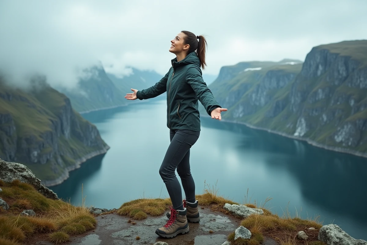Femme en voyage solo en Norvège, contemplant les fjords depuis un point de vue panoramique en randonnée