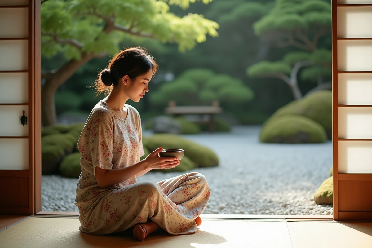 Femme voyageant en solo au Japon, dégustant un thé matcha dans un salon de thé traditionnel de Kyoto