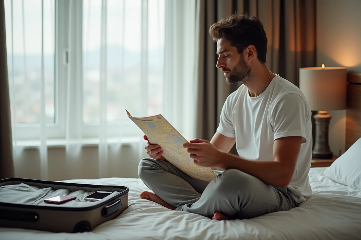 Voyageur solo dans une chambre d'hôtel consultant une carte papier, valise ouverte, préparant un voyage en vacances seul