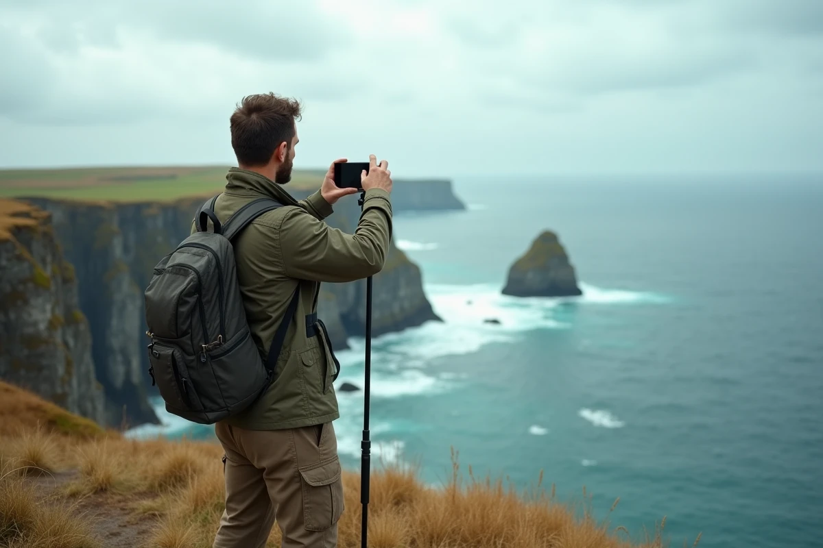 Voyageur solitaire photographiant un paysage côtier spectaculaire depuis un promontoire pour partager sur les réseaux sociaux