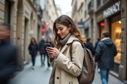 Voyageuse consultant son smartphone pour trouver un commerce ouvert à proximité dans une rue de ville inconnue
