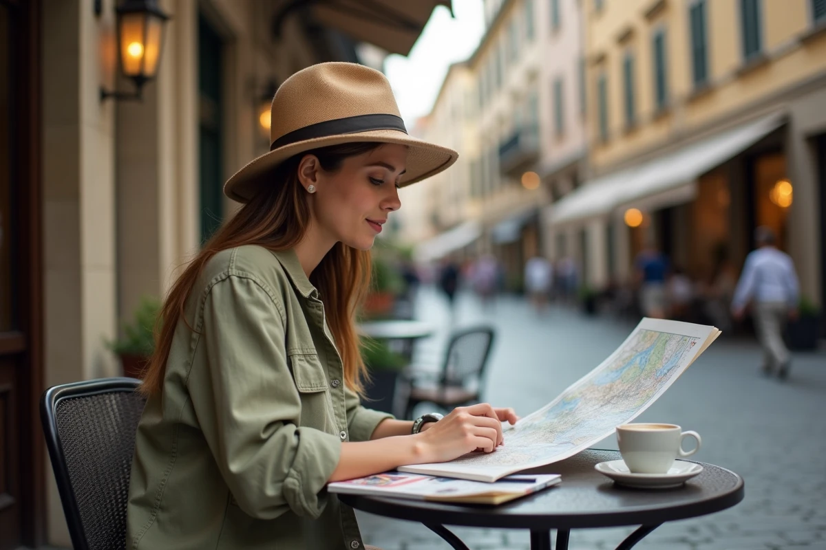 Voyageuse solo consultant une carte dans un café en terrasse sur une rue pavée européenne
